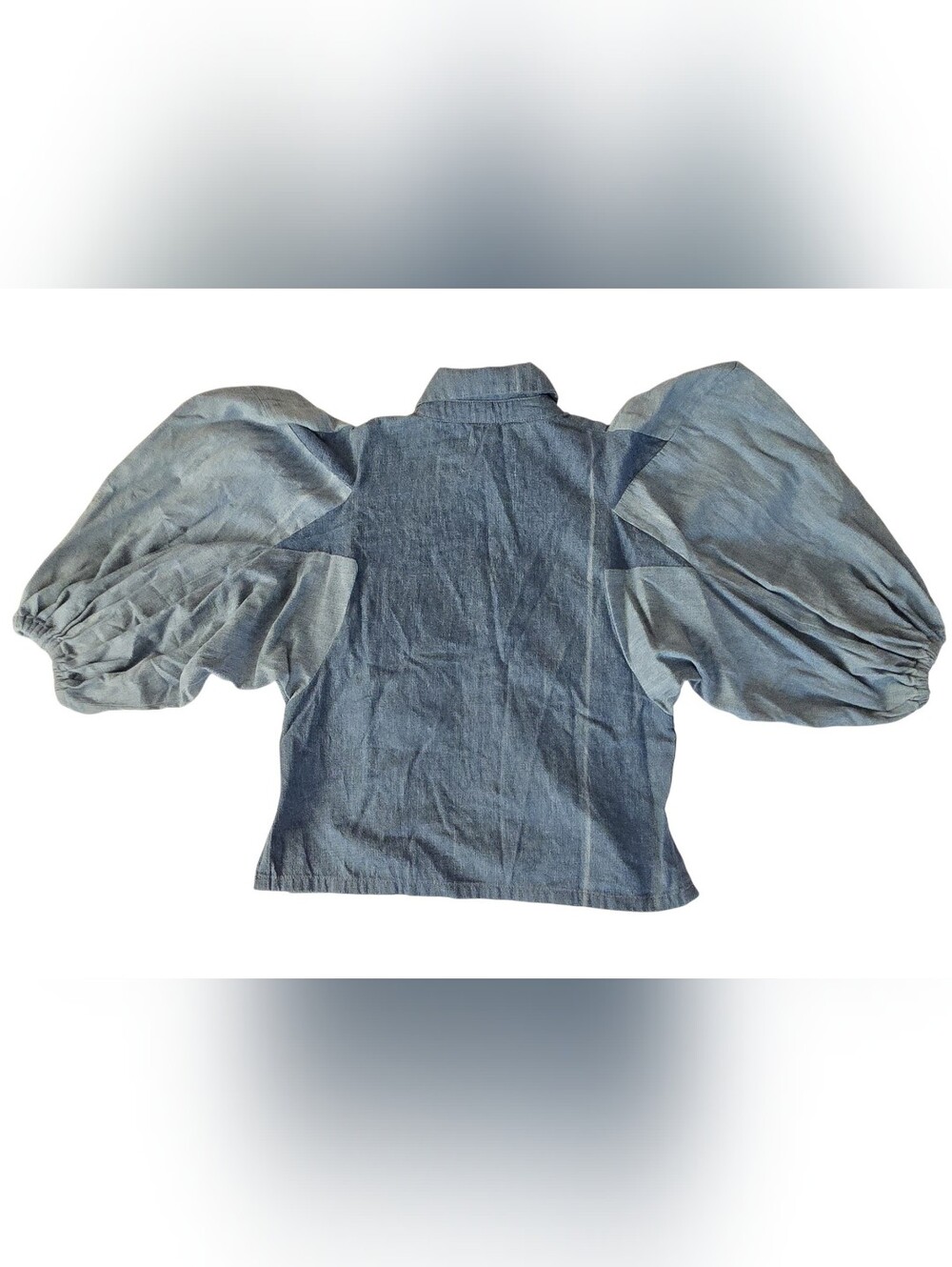 NWT 7 For All Mankind Balloon Star Sleeve Crop Denim Shirt Patchwork S - Picture 9 of 15